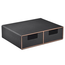 Linen Leather Desk Organizer and monitor stand with Drawers－Mini Desktop Drawer Organizer Stackable－Tabletop Organization Storage Box for Office Supplies Home Vanity Toiletries (Black, 2-drawers)