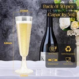 KOOSREEL Plastic Champagne Flutes, 50 Pack 5Oz/150ml Gold Glitter Plastic Champagne Glasses Cocktail Glasses Prosecco Glasses for Party,Birthday,Wedding,Chrismas,Thanksgiving