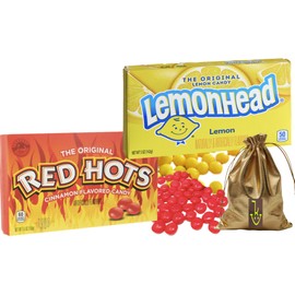 Lemonhead Hard Lemon Candy, 5 Oz Movie Theater Candy Box | The Original Red Hot Cinnamon Flavored Candy 5.5 Oz | Great for Holidays, Birthday party, Christmas Candy With Soko Smiles Pocket Candy Bag.
