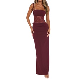 Lingt Chic Women's Lace Splicing Cutout Maxi Dress Square Neck Sleeveless Bodycon Long Dress with Sheer Corset Burgundy