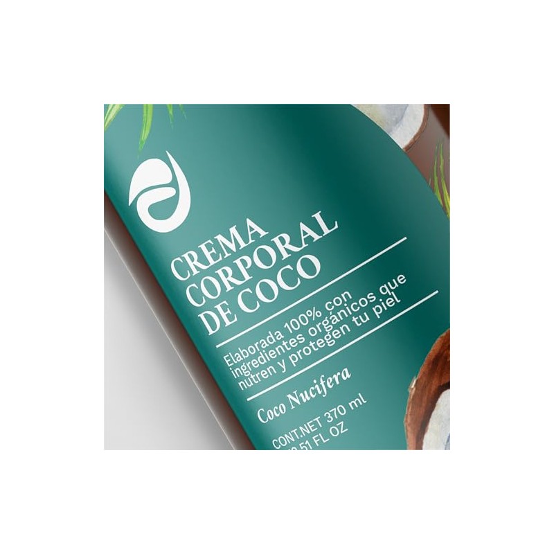 Crema Corporal de Coco Orgánica, Loción Hidratante Natural, 370 ml