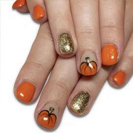 BFY Fall Press on Nails Short Square Fake Nails, Orange Pumpkin Gold Glitter Acrylic Nails, Natural Fit Glossy Gel Manicure Stick on Nails with Glue, Thanksgiving False Nails Kit 12Sizes 24Pcs