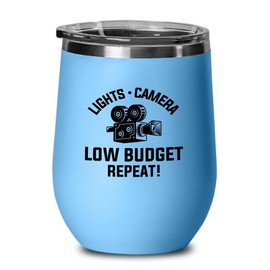 Filmmaker Blue Edition Wine Tumbler 12oz - Lights camera low-budget - Filmmaker Gifts Camera Lens Cut Prop Director Movie Film Scriptwriter