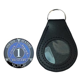 AA 1 Year Recovery Medallion, Silver, Blue and Black Color, Alcoholics Anonymous Recovery Metal Coin, And a Black Vegan Leather Keychain Coin Holder