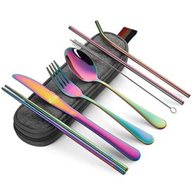 Yotsuba Travel Cutlery Set, 8pcs Portable Stainless Tableware Dinnerware Travel Camping Cutlery Kit Portable Flatware Set Travel Camping Utensil Dinnerware Set with Case (Rainbow)