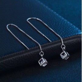 Unbranded 925 Silver Plated Square CZ Ear Chain Thread Pull Through Threader Earrings P1