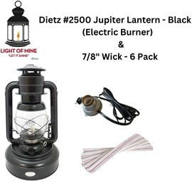 Light of Mine | Dietz #2500 Jupiter Oil Burning Lantern| Kerosene Oil Lamp | Camping Lantern with 6 Pack of 7/8" Wick Strips (Electric Burner Black)