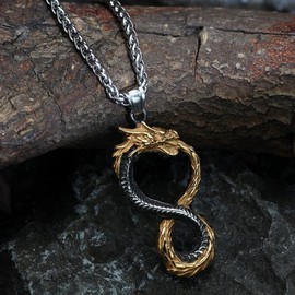Fantasy Forge Jewelry Infinity Ouroboros Necklace Mens Womens Gold Stainless Steel Infinite Serpent Dragon Pendant