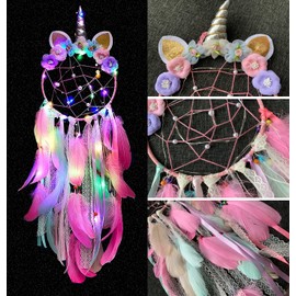 SoulQool Unicorn Dream Catcher with Lights,Colorful Feather Handmade Dream Catchers Flowers for Girls Kids Nursery Bedroom Wall Hanging Decor (Pink with Colorful Lights)