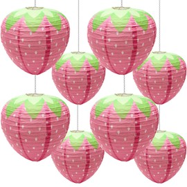 8Pcs Strawberry Paper Lanterns, Windspeed Large Paper Lantern Strawberry Hanging Birthday Party Decorations 8 inch, 12 inch (Pink)