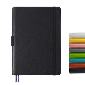 Rukasto Thick A5 Hardcover Notebook/Journal, 120gsm College Ruled Lined Premium Paper, Black Leather, Pen Holder, 3 Ribbon Markers, Inner Pocket, 8.4x5.7 in