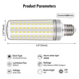 Syited E26 LED Bulbs, 40W LED Light Bulbs Equivalent 400W, 4000K Warm White Light, AC 85-265V, E26 Light Bulbs (4 Pack)
