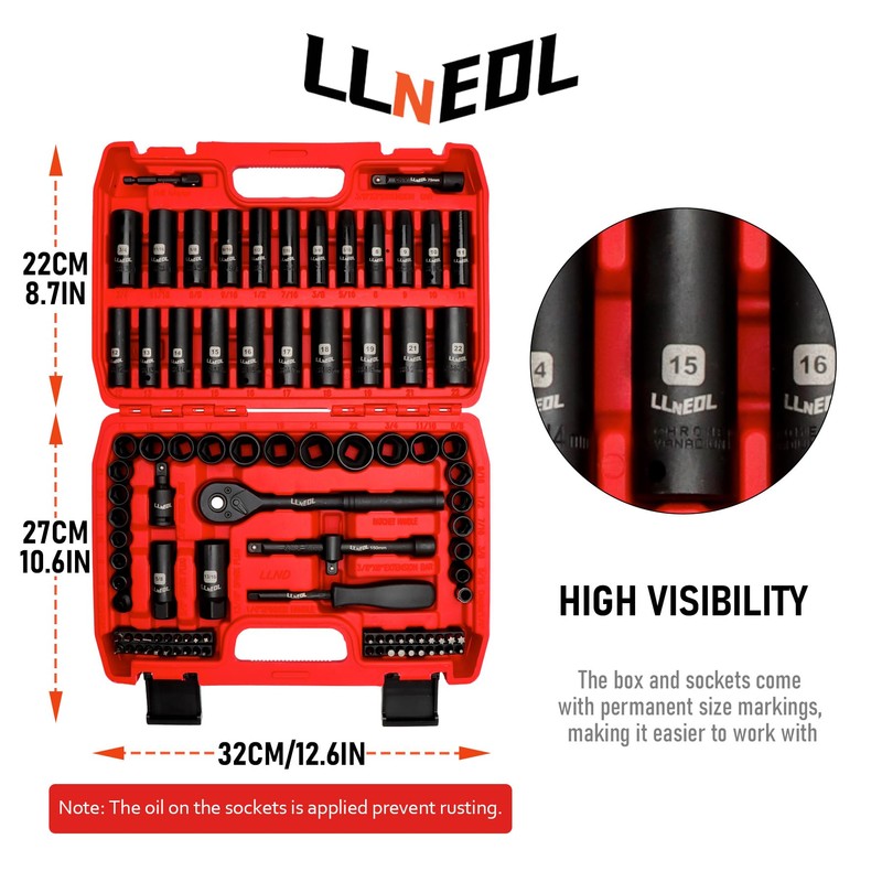 LLNEDL 3/8" Drive Impact Socket Set 95Pcs, Spark Plug Socket