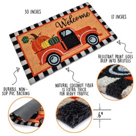 Welcome Fall Truck Door Mat 30x17 Inch, Vintage Fall Truck Decor, Pumpkin Truck Decor, Vintage Coir Outdoor Doormat, Coir Welcome Mat