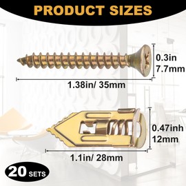Mxxipp 20pcs Self-Drilling Drywall Anchors with Screw, Zinc Plated Steel Drywall Anchors and Screws Kit, Heavy Duty No Drill Dry Wall Expansion Screw for Hanging Frames Wall Lamps Curtains- Gold