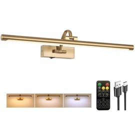 Tassuowell - Luz de imagen a pilas con control remoto, luz de imagen regulable de 3CCT para pinturas, aplique de pared recargable de latón de 24 pulgadas a batería para iluminación de arte, retrato
