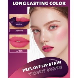 Peel Off Lip Stain Tattoo, Long Lasting Lip Liner Stain Peel Off Matte Nude Lip Gloss Hot Pink Lipstick, Waterproof Smudge Proof High Pigmented Color Peel Off Lip Stain Tint Women Lip Makeup Gift-03