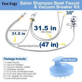 Salon Shampoo Bowl Faucet, Vacuum Breaker Kit & 1/4" Shampoo Bowl Sprayer Hose Kit with Hair Brush - Hair Salon Sink Faucet Sprayer Hose Replacement Set for Sink Shampoo Bed (11 Pcs)