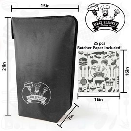 MBYLOEBA BBQ Blanket for Resting Meat, 21" Multi-Layer Insulated Reusable Resting Bag With 25 Sheets of Food-Grade Butcher Paper, Leakproof Stitchless Barbeque Wrap for Brisket, Turkey, Pork (Black)
