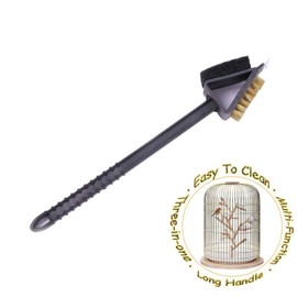 QBLEEV Stainless Steel Triangle Long Bird Cleaning Brush, Multi-Function Three-in-one Long Handle Brush, Pet Supply Cage Accessory for Parrot Birds