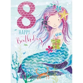 Noel Tatt Girls 8th Birthday Card - Age 8 - Mermaid, Crab and Starfish with Present - Eco-Friendly & Recyclable