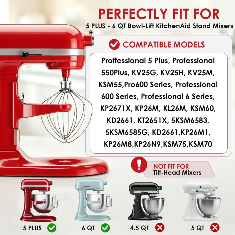 KN256WW Whisk Attachment for KitchenAid 6 Quart Bowl-Lift Stand Mixer