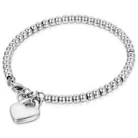 Oidea Women’s Bracelet, Exquisite Round Circle Bead Bracelet, Beaded Bangle / Bracelet Jewellery with Heart Pendant, Silver, Stainless Steel
