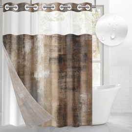 Nesphy No Hook Beige Grey Brown Painting Shower Curtain with Snap in Fabric Liner Set, Abstract Double Layers Waterproof Fabric with See Through Top Window Open Grommet Bath Curtain 71x74 Inch