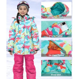 Hiheart Girls' Winter Warm Snowsuit Hooded Snowwear Jacket + Pants 2 Pcs Set Rose 8/9