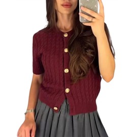 Cable Knit Short Sleeve Cardigans for Women Vintage Button Down Sweaters Casual Going Out Tops(Wine Red,S)