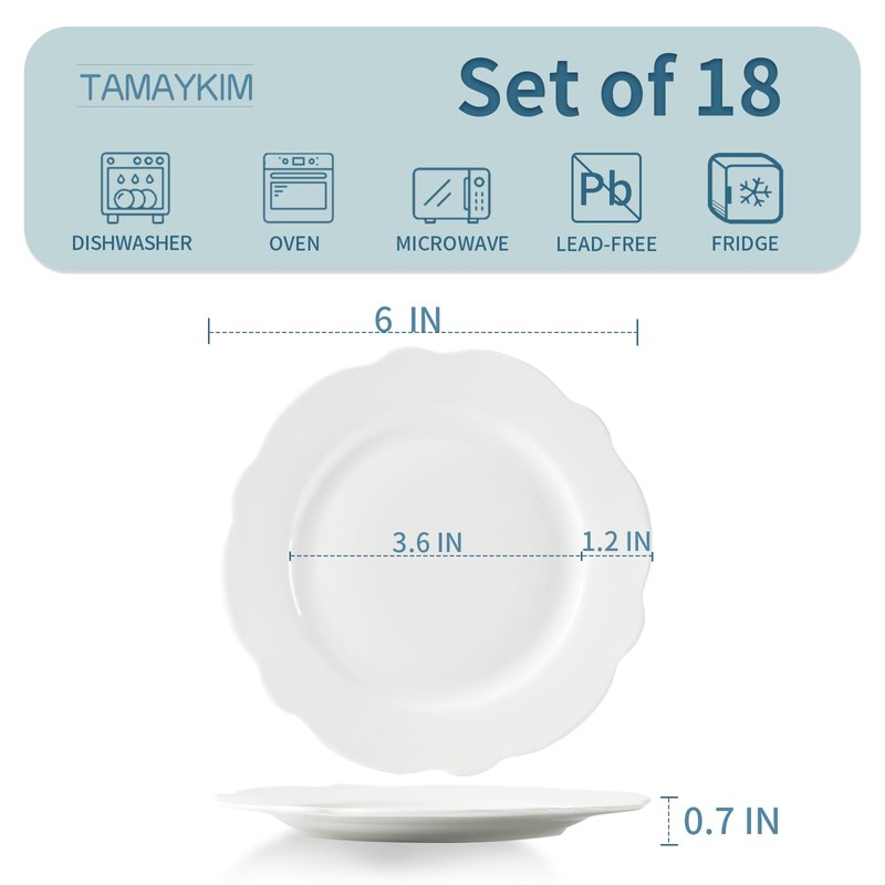 TAMAYKIM 6 Inch Porcelain Dessert Plates, Set of 18, White
