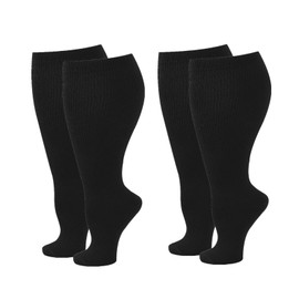Zingso Wide Calf Compression Socks for Men and Women 2 Pairs Plus Size Extra Large Support Socks Stockings Reduces Swelling and Pain for Nurses Running Pregnancy Travel Flight 20-25mmHg, 2 Pairs Black