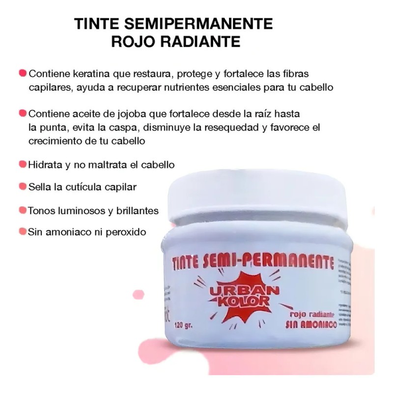 Tintes Fantasia Para Cabello Semipermanente Sin Amoniaco Tono Rojo Radiante