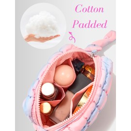 Yarnic Quilted Makeup Bag Cosmetic Bag, Travel Toiletry Bag for Women, Cute Makeup Bag Organizer Puffer Makeup Pouch (Blue Pink, S)