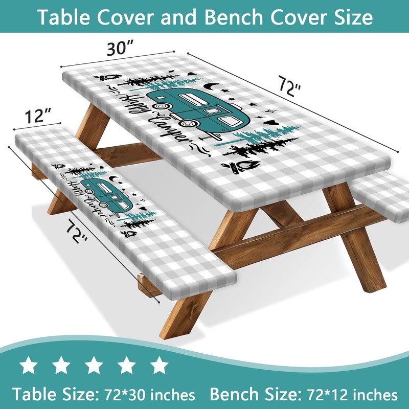 Bcsewcg Buffalo Plaid Fitted Picnic Table Cover with Bench Covers,