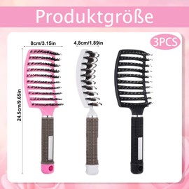 Haarbürste ohne Ziepen, 3 Stück Gebogene Haarbürste mit Wildschweinborsten, Entlüftete Entwirrbürste für lockiges und welliges Haar, Reduziert Haarbruch（24.5x8cm）