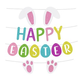 Happy Easter Bunny Banner with Bunny Paw Ears and Eggs Patterns DIY Paper Banner for Easter Party Decorations Indoor Outdoor Spring Holiday Festive Decoration Garden Yard Home Decorations