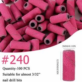 ERUIKA 100pcs Nail Drill Bits Small Sanding Bands with 3.1mm Mandrel Bit, 240 Extra Fine Grit Nail File Sanding Bands for Acrylic Nails Gel Removing Shaping Manicures and Pedicure (Rose Red, 240 Grit)