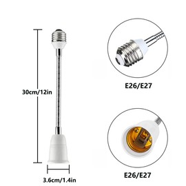 E26/E27 Light Socket Extender Adapter, 30cm/12 inch Light Bulb Extension,E26 to E26 Flexible Extension,360° Bendable Adjustable Standard E26/E27 Bulb Screw Base Extender Adapte,White (2 Pack)