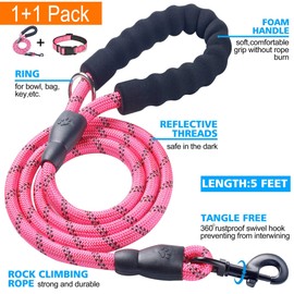 Ladoogo Reflective Dog Collar Padded with Soft Neoprene Breathable Adjustable Nylon Dog Collars for Small Medium Large Dogs (Collar+Leash M Neck 16"-19", Pink)