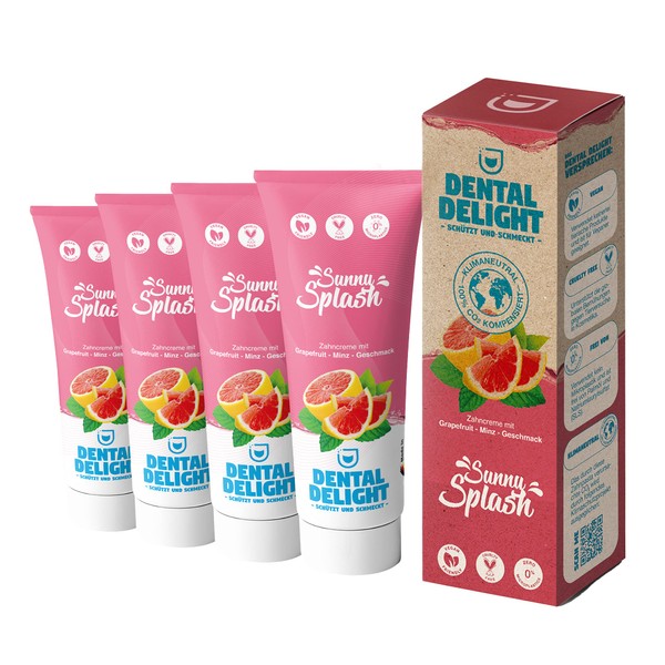 DENTAL DELIGHT Sunny Splash | 4x fruchtige Zahnpasta Grapefruit-Minze Geschmack | klimaneutral ohne Mikroplastik