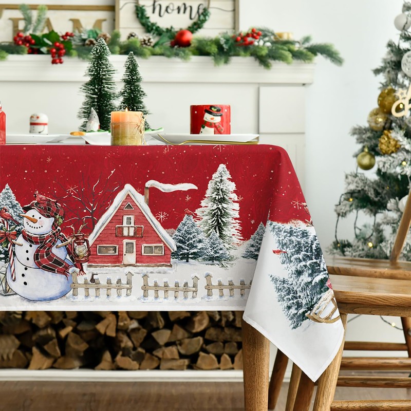 Artoid Mode Red House Trees Snow Snowman Christmas Table Cloth,
