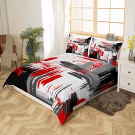 Abstract Bedding Set Modern Abstract Art Comforter Cover for Boys Girls Children Red Grey Black Pattern Bedding Duvet Cover Set Room Decor King Size Bedspread Cover 3Pcs