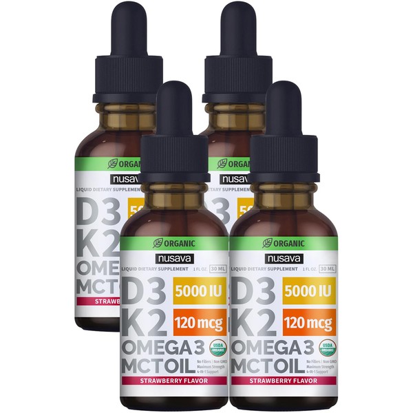 (4 Pack) Organic Vitamin D3 K2 Drops w MCT Oil Omega 3, 5000 IU, Maximum Strength Vitamin D Liquid 5000 IU, No Fillers, Non-GMO Liquid D3 for Faster Absorption, Immune Support (Strawberry, 2 Fl Oz)
