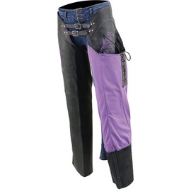 Milwaukee Leather Chaps for Women Black and Purple Low-Rise Waist- Double Buckle Reflective Embroidery Motorcycle Chap- ML1187 - Large