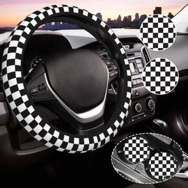 Black and White Checkered Steering Wheel Cover for Women, Universal Auto Steering Wheel 14-15 Inch Car Interior Accessories with 2PCS Car Coasters, Suitable for Men and Women