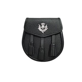 SKMAXO 100% BLACK LEATHER SPORRAN WITH THISTLE AND 3 TASSELS SCOTTISH KILT SPORRAN WITH CHAIN BELT 02