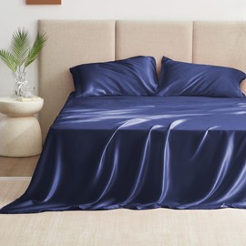 Love's cabin Full Size Satin Sheet Sets - 4 Piece Navy Blue Silky Sheet Set Full with Deep Pocket, Luxury Silk Feel Satin Bed Sheets Full Bedding Set (1 Flat Sheet,1 Fitted Sheet,2 Pillow Cases)