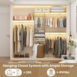 8FT Hanging Closet System, 96 Inch Closet Organizer System with Hanging Rod, Walk In Mounted Closet System, Built-In Clothes Garment Rack with 3 Shelving Towers(Can Be Cut To Fit), Oak