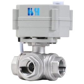 HSH-Flo 3/8 inch 3 Way L Port Stainless Steel 304 NPT Reverse Polarity On/Off With Electrical Position Feedback Wires Motorized Ball Valve